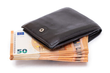 Black Leather Men Wallet with Fifty Euro Banknotes Inside - Isolated on White Background. A Purse Full of Money Symbolizing Wealth, Success and Social Status - Isolation