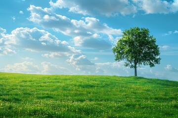 Obraz premium A Solitary Tree on a Rolling Green Meadow with Blue Sky and Clouds