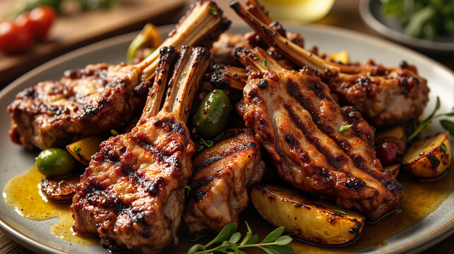 Greek lamb chops grilled with olives and potatoes