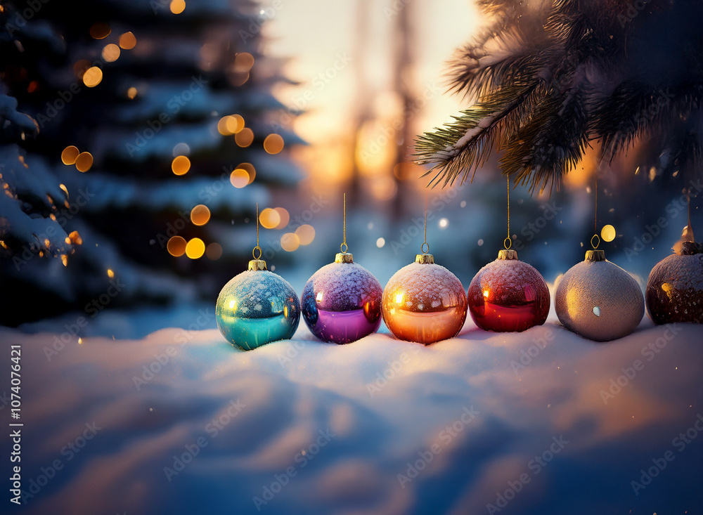 Poster five colorful ornaments lie in the snow with a blurred background of a snow covered fir tree with ch