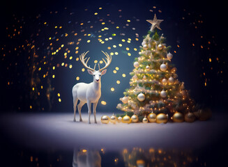 A white reindeer stands in front of a decorated Christmas tree, with a star on top, and gold ornaments against a dark blue background.