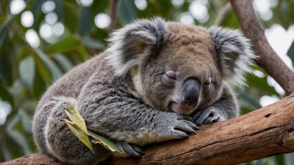 Obraz premium Koala with a sleepy expression, resting on a branch surrounded by greenery