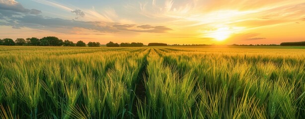 Fototapeta premium Golden Sunset Over a Field of Green Wheat