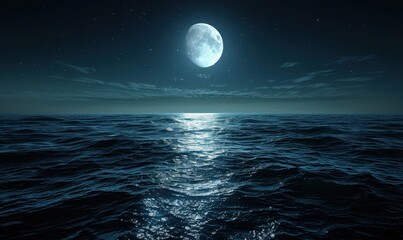 Fototapeta premium A Full Moon Reflecting on a Dark, Wavy Sea at Night