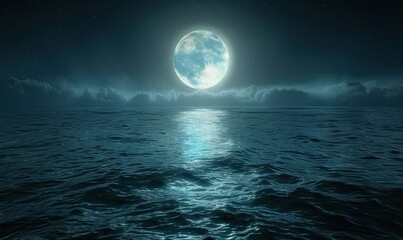 Full Moon Reflecting on a Calm Ocean at Night