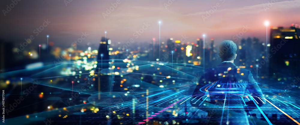 Poster ..Business communication networking. Big data network connection technology, Ai, Social media, Smart city, World connected people through web.