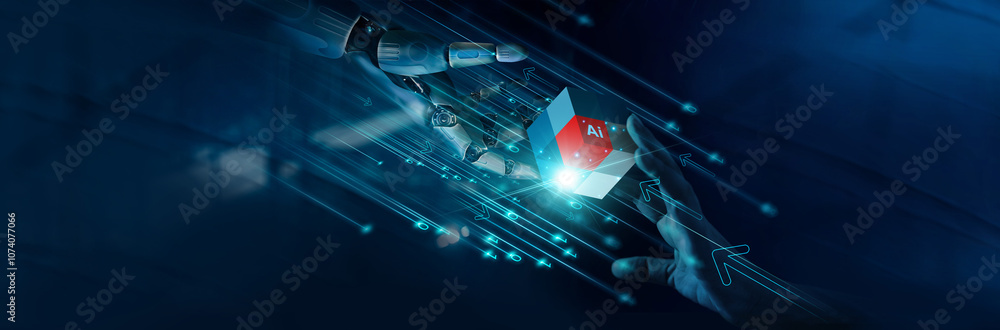 Poster Hands of AI robot and human touch big data networking, Revolution of artificial intelligence innovation technology develops digital transformation and deep machine learning. block chain