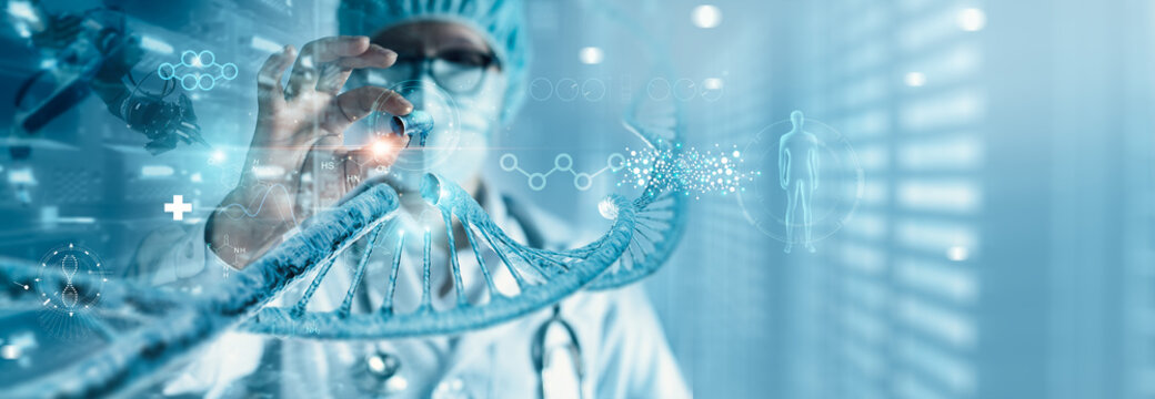 Abstract DNA molecule. Doctor cutting DNA molecule and check with analysis chromosome DNA genetic of human with ai virtual interface. Medicine. Ai technology, Medical Genetic science and biotechnology