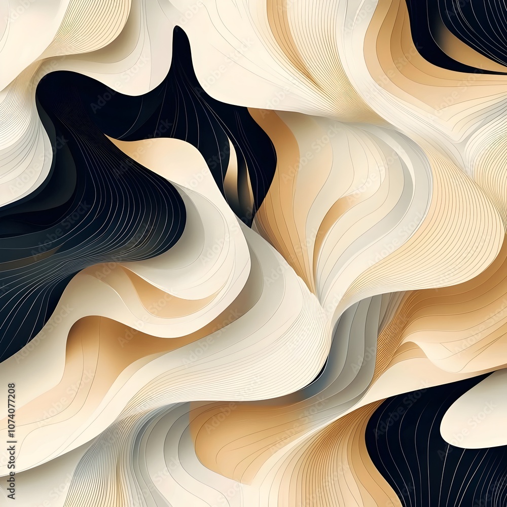 Poster an abstract composition of flowing curves in creamy beige and deep black tones, creating a sense of 