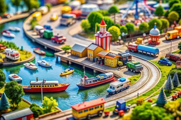 Colorful Cartoon Transport Set Featuring Miniature Cars, Trains, Planes, and Boats in a Tilt-Shift Photography Style for a Whimsical and Playful Landscape