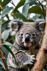 Fototapeta premium Koala with a cheerful expression, climbing a tree surrounded by eucalyptus leaves