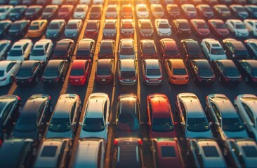 Obraz premium A Row of Cars Parked in a Parking Lot at Sunset