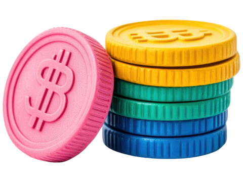 Colorful dollar coins stacked on a transparent background showcasing finance-themed tokens for fun, games, or educational purposes, perfect for visual content and marketing materials.