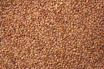 Dry Uncooked Brown Buckwheat Groats Background - Top View, Flat Lay. Raw Large Buckwheat Grains. Russian, Ukrainian and Belarusian Culture