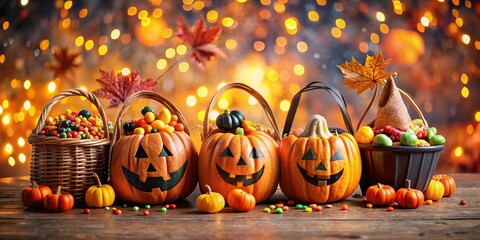 Colorful Trick or Treat Bags Overflowing with Assorted Candy for Halloween Celebrations, Perfect for Festive Decorations and Spooky Party Themes