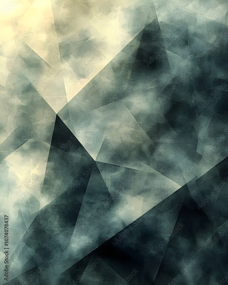 Poster an abstract composition featuring a blend of textured geometric shapes in shades of gray and soft be