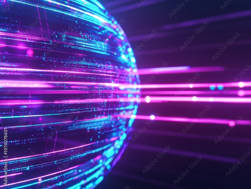Poster abstract sphere with neon lights and data stream