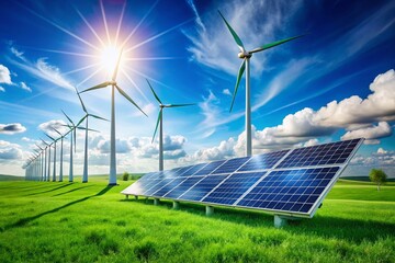 Conceptual Photography of Energy Solutions Featuring Wind Turbines and Solar Panels on Lush Green Grass, Showcasing Sustainable Technology and Environmentally Friendly Innovations