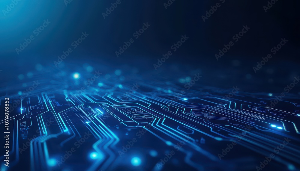 Aufkleber Abstract Blue Circuit Board with Glowing Lines and Bokeh