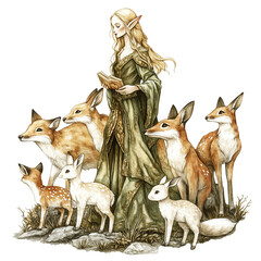 An Elf Woman Surrounded by a Group of Fantasy Elven Forest Animals