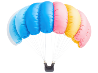 Colorful Parachute with Blue, Pink, and Yellow Canopy Open against a Transparent Background for Creative Use and Design Elements