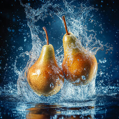 a pear waterfall splashing into the water, two pears floating in the air, a dark blue background, studio lighting.