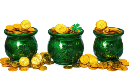 Green Pots Filled With Gold Coins for St. Patrick's Day Celebration Generative AI