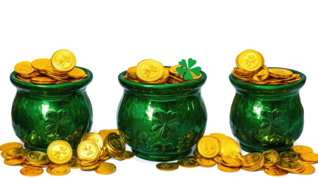 Green Pots Filled With Gold Coins for St. Patrick's Day Celebration Generative AI