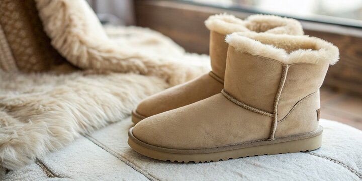 Cozy Beige Uggs with Light Fur on a Soft Surface, Perfect for Winter Fashion; Ideal for Footwear, Lifestyle, and Comfort-Themed Stock Photography Needs