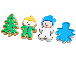 Naklejka premium Colorful Holiday Cookies on Transparent Background Featuring a Christmas Tree, Happy Elf, Winter Boy, and Snowman Shapes for Festive Celebrations