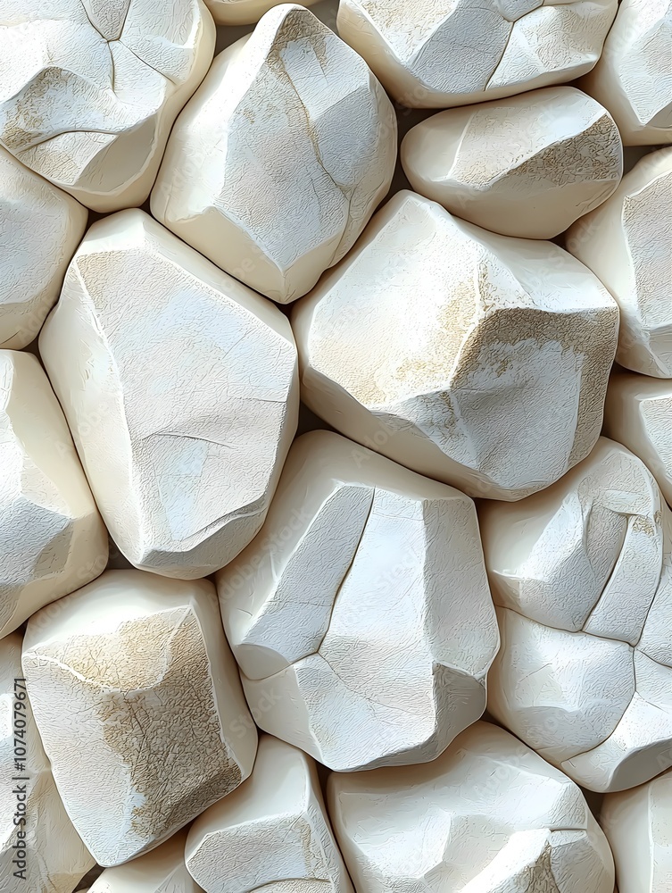 Poster a close-up view of smooth, light-colored rocks stacked together, displaying a variety of textures an