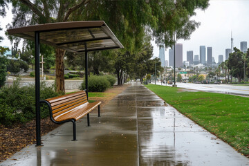 Rainy Day at a Bus Stop in McArthur Park, Downtown Los Angeles 
