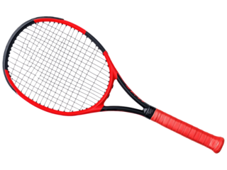 High-Quality Tennis Racket with a Sleek Red and Black Design on Transparent Background for Sports and Fitness Related Projects