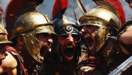 Three Roman Gladiators With Helmets and Red Plumes Yelling and Shouting During a Battle