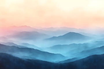 Obraz premium A serene landscape of layered mountains, showcasing soft hues of blue and gentle pastels at sunrise, evoking a tranquil and dreamy atmosphere.