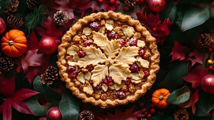 Fototapeta premium Festive Thanksgiving pie surrounded by autumn decorations and vibrant foliage.