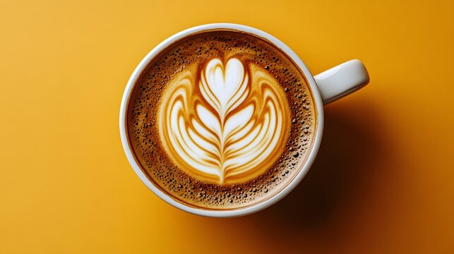 Beautiful latte art in a white cup on a vibrant yellow background.