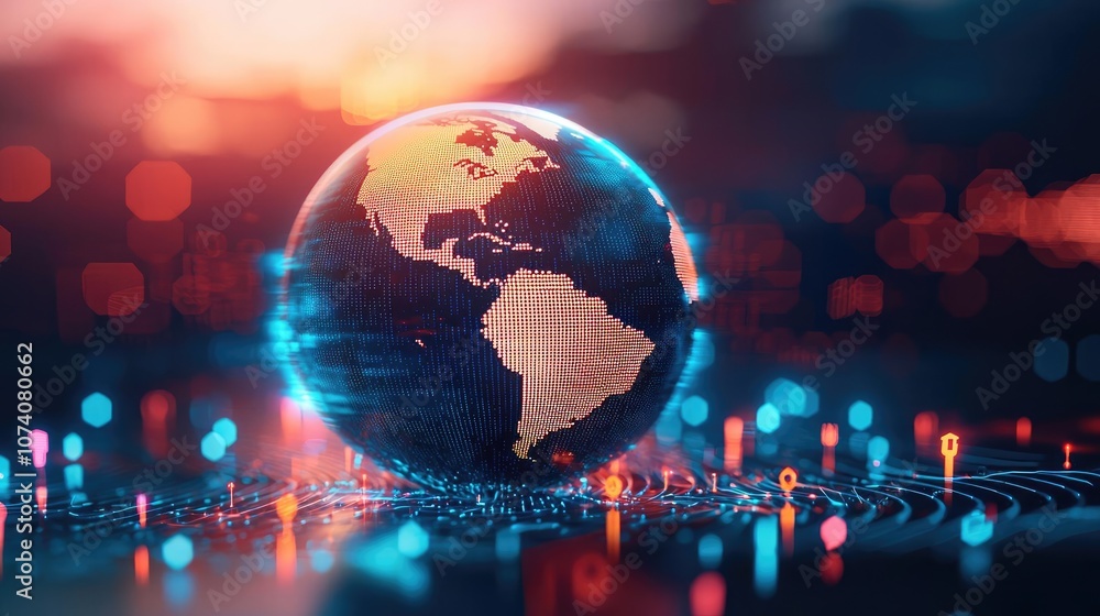 Poster digital globe with glowing circuits, showcasing global connectivity and technology.