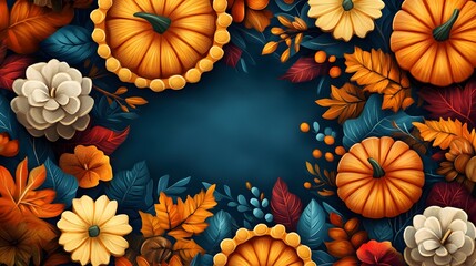 Fototapeta premium Colorful autumn display featuring pumpkins and seasonal leaves.