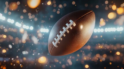 Fototapeta premium Dynamic Football in Motion with Bokeh Lights and Sparkles, Capturing the Essence of Sport and Energy in a Vibrant Stadium Environment