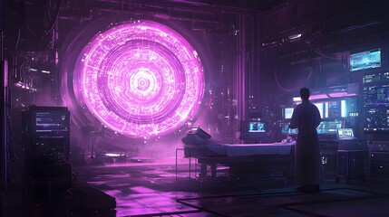 Obraz premium A male scientist observes a futuristic portal in a dimly lit lab.