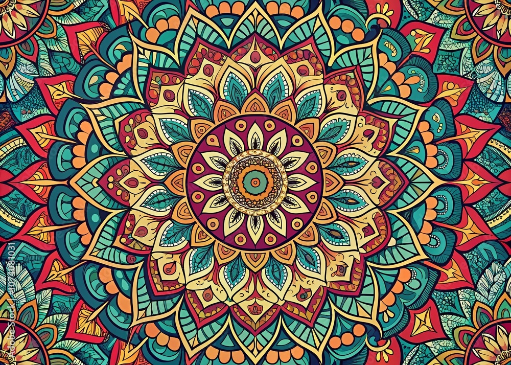 Poster creative mandala design: symmetrical kaleidoscope pattern in oriental style featuring intricate line