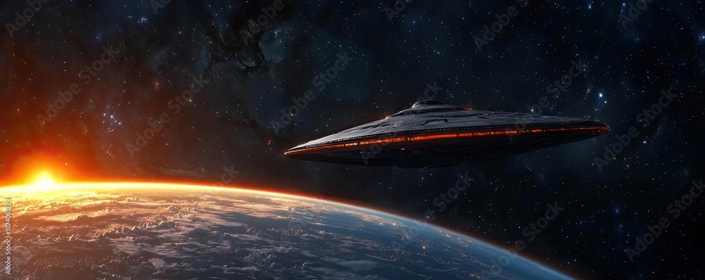 Poster futuristic spaceship hovering over earth with a starry background.