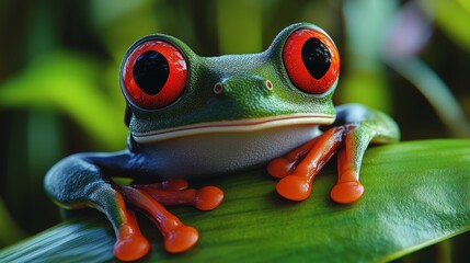 Striking Red-Eyed Frog Resting on Green Leaf