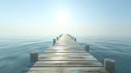 Fototapeta premium Tranquil Wooden Pier Extending Over Serene Water Under Soft Sunrise, Ideal for Calm and Peaceful Themes and Nature Serenity Concepts