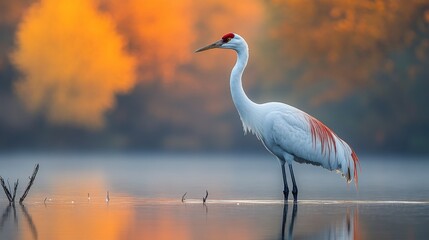 Naklejka premium Graceful Crane Standing in Shallow Water at Sunrise