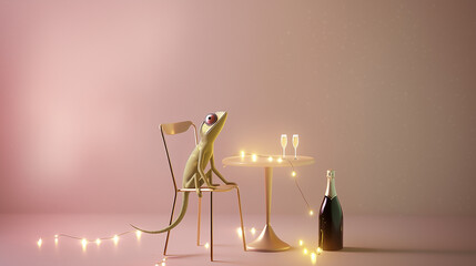 Obraz premium A chameleon on a gold chair with two glasses of champagne in a luxurious New Year's setting, minimal decor, soft pink lighting, festive atmosphere, humorous and elegant