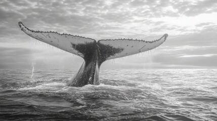 Obraz premium Humpback Whale Tail Splashing Above Calm Ocean Surface