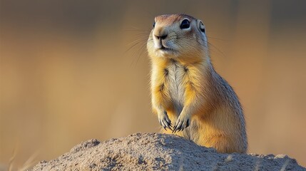Prairie Dog Standing Alert on Mound in Grassy Field