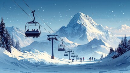Fototapeta premium Ski Lift and Skiers against Snow-Covered Peaks, Ski lift chairs silhouetted against the white peaks of a mountain range with clear skies overhead. 